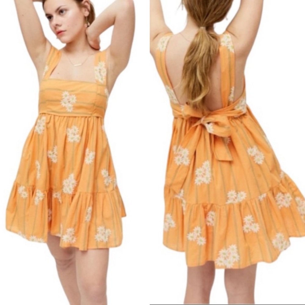Urban Outfitters Avril Orange Embroidered Daisy Bow Tie Back Frock Mini Dress  S